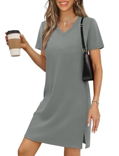 RUMIA Summer Casual Dresses for Women 2026 Mini Vacation Dress V-Neck Short Sleeve Split Hem Beach Sundress LightGray M - Image 1