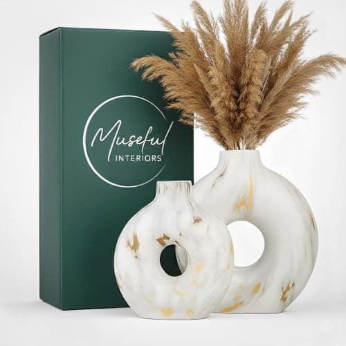 Modern Ceramic Donut Vase Set of 2 - Boho Design White and Gold Marble Pattern Vases for Flowers and Pampas - Elegant Home Decor Centerpieces for Coffee Tables - Entryways - Dining and Living Rooms - Image 1