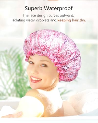 mikimini Large Shower Cap for Women Long Hair, 1 Pack,Romantic Petal Design, Double Layer Waterproof, Reusable, Washable, High-quality, Floral Print - Thumbnail 5