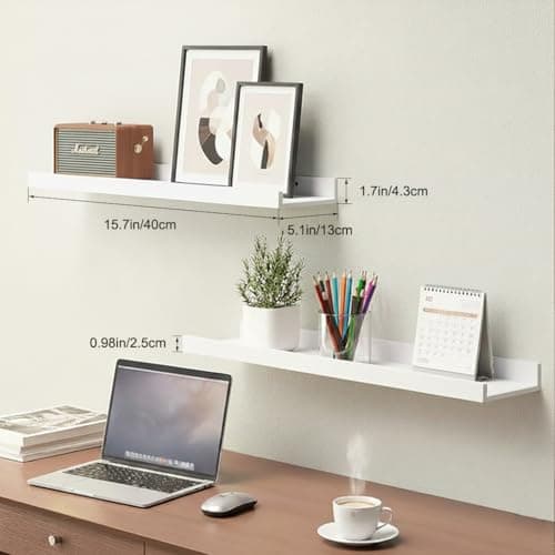 Modcraft White Floating Shelves with Lip 16 Inch, Wall Mounted Picture Ledge, Small Wood Wall Shelf for Bathroom Bedroom Living Room, Display Shelf for Photos Frames Collectibles Set of 2 - Thumbnail 6