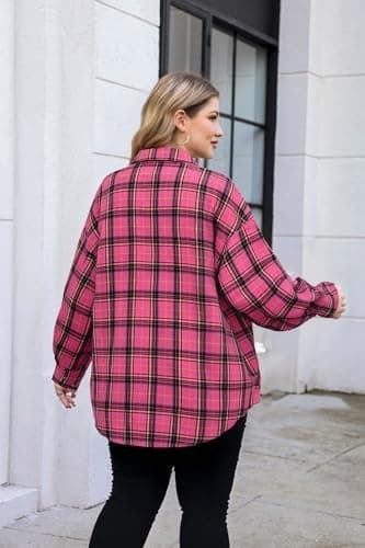 BLANCHES Plus Size Flannel Shirts for Women Lightweight Plaid Shirt Button Down Blouses Casual Boyfriend Shacket Pink - Thumbnail 6