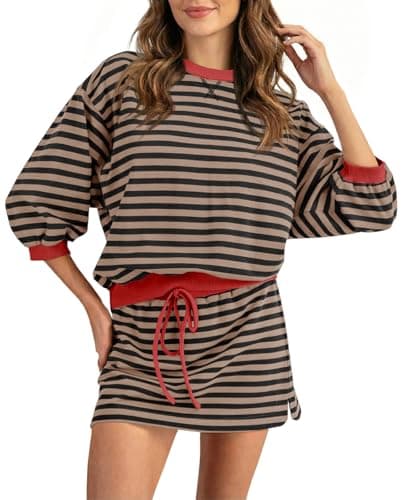 Wenrine Womens Striped 2 Piece Outfits Casual Sweatshirt Skirt Set 3/4 Sleeve Skort Workout Oversized Loose Lounge Sets Dark Khaki - Image 1