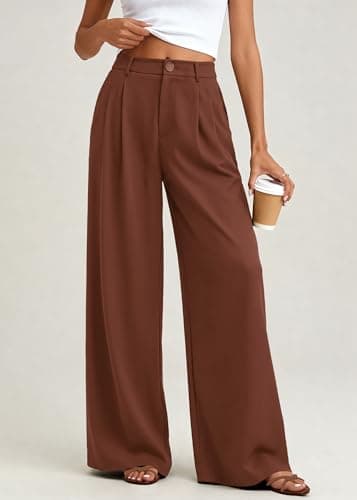 KIRUNDO Dress Pants Women 2026 Summer Polka Dot Palazzo Wide Leg Trousers Flowy Business Casual Slacks for Work with Pockets(Brown, X-Large) - Thumbnail 2