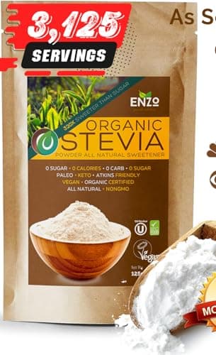 Enzo Organic Stevia Powder 125g (4.4oz / 3125-Servings) - Premium USDA Certified All Natural Alternative-Sweetener 320x Sugar Free Non-GMO 0 Calories Vegan No Aftertaste Kosher