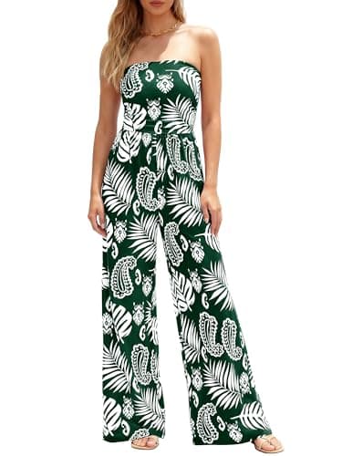 BTFBM Jumpsuits For Women Casual 2026 Floral Strapless Jumpsuit Wide Leg Rompers Beach Vacation Clothes Summer Outfits(Floral Dark Green White, Large) - Image 1