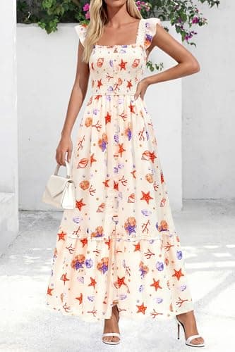 dowerme Womens Summer Maxi Dresses 2026 Casual Ruffle Sleeve Button Smocked Floral Slit Boho Dress Spring Beach Sundress(White Orange Red Flower,XX-Large) - Thumbnail 3