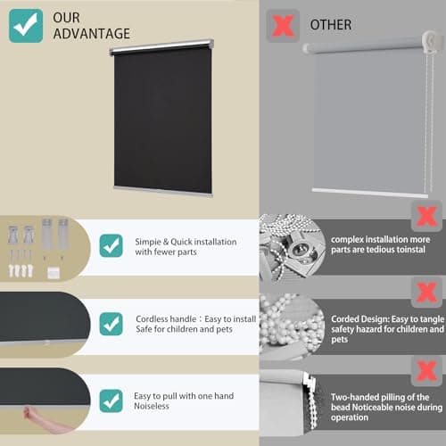 Changshade 100% Blackout Roller Shades for Windows，Room Darkening Thermal Insulated Pull Down Window Blinds, Cordless Free-Stop Shade，Easy Install UV Protection Door Blind for Home,Black,21"W x 72"H - Thumbnail 3