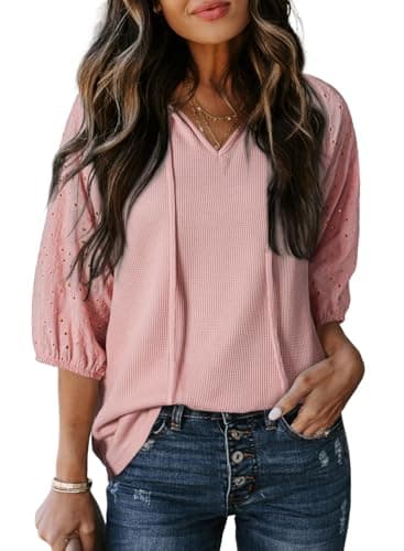 Dokotoo 3/4 Sleeve Shirts for Women Trendy Tie Front V Neck Womens Boho Tops Casual Waffle Knit Blouse Summer Embroidered Hollow Out Sleeve Tunic Tops for Women Loose Fit Dressy Gossamer Pink Small - Image 1