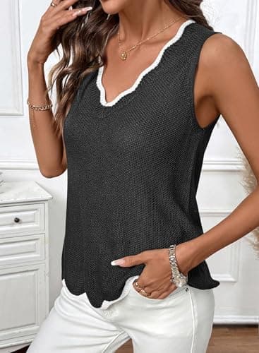 Dokotoo Sleeveless Tops for Women Summer V Neck Ruffled Sweater Vest Womens 2026 Fashion Trendy Color Block Knit Tank Tops Shirts Black XX-Large - Thumbnail 4