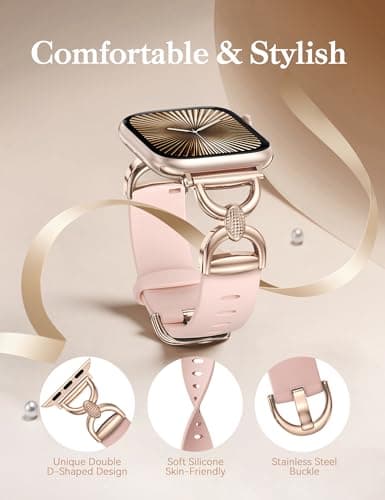 Wearlizer Silicone Band Compatible with Apple Watch Bands for Women 38/40/41/42mm, Dressy Strap with Double D-Shaped Metal Elegant Design for iWatch Series SE/11/10/9/8/7/6/5/4/3/2/1 Pink/Rose Gold - Thumbnail 2