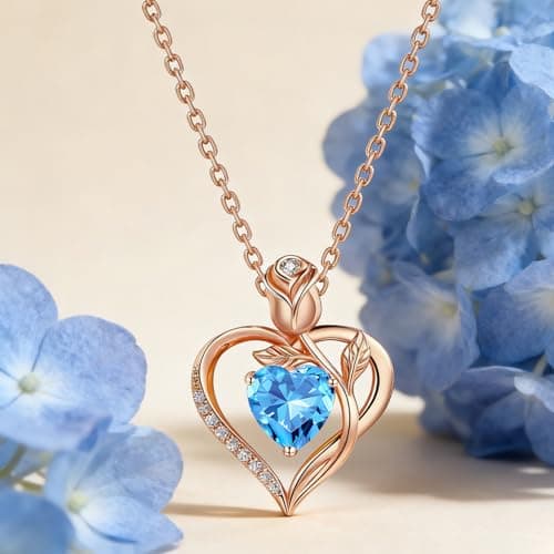 JACUPO Rose Heart Necklace Earrings Set March Light Blue Birthstone Lab-Grown Sapphire S925 Silver 18K Rose Gold Plated Engraved I LOVE YOU Gift For Mom Girlfriend Wife Mothers Day Engagement Confession Gift - Thumbnail 3