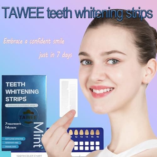 TAWEE Teeth Whitening Strips Peroxide Free Enamel Safe for Sensitive Tooth 14 Whitening Strips Whitens Teeth & Removes Yellow Stains 7 Treatments Each with 1 Upper/1 Lower Mint Flavor - Thumbnail 2