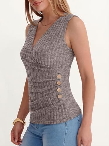 ANRABESS Tank Tops for Women V Neck Sleeveless Sexy Top Ribbed Slim Fitted Tanks, 2026 Casual Summer Daily Wear & Going Out Deep Coffee Large - Thumbnail 5