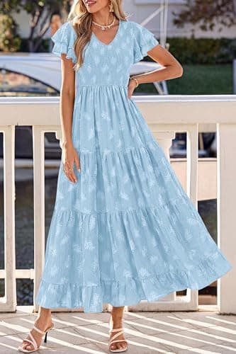 dowerme Maxi Dresses for Women 2026 Summer Ruffle Sleeve V Neck Smocked A Line Floral Boho Tiered Sundress Spring Outfit(Light Blue,Medium) - Thumbnail 2
