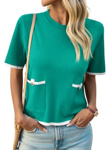 Saodimallsu Womens Short Sleeve Sweater Color Block Crew Neck Summer Crop Tops Loose Casual Knit Shirts with Pockets Green - Image 1