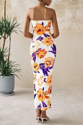 PRETTYGARDEN Women's 2026 Summer Floral Bodycon Maxi Dresses Ribbed Strapless Tube Casual Boho Party Long Dress (Floral White Yellow,Small) - Thumbnail 2
