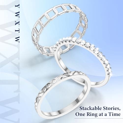 YWXTW 3 Pack 14K Gold-Plated Non Tarnish Stacking Rings for Oura Gen 4/Ultrahuman/Samsung/Diamond, Timeless Elegance White Zirconia Engagement/Promise Oura Stack Band Gift for Women Silver 8 - Thumbnail 2