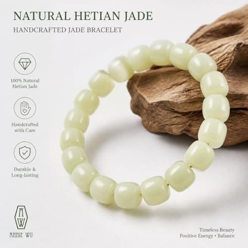 ANNIE WU Natural Hetian Jade Bracelet for Women & Men, 11.5mm, 18.0cm - Thumbnail 2