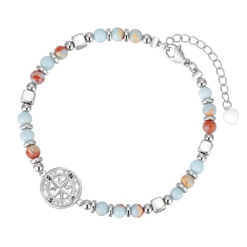 Silver Compass Beaded Bracelet for Women - Natural Stone Dainty Link Bracelet with Cubic Zirconia Compass Charm Womens Adjustable Stackable Bracelets Trendy Jewelry Gift Her Travel Going-Away Graduation ﻿ - Image 1
