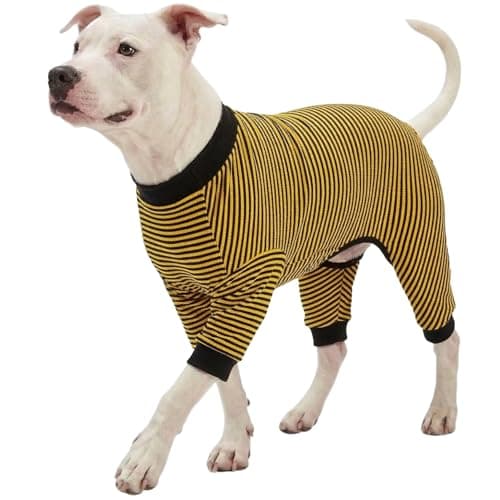 LovinPet Dog PJS Clothes for Giant Dogs, Pitbull Pure Cotton Yellow and Black Stripe Dog Shirt, 4-Legged Design, Full Body Coverage, Pajamas for Pitbulls, Onesies for Dogs, XL - Image 1