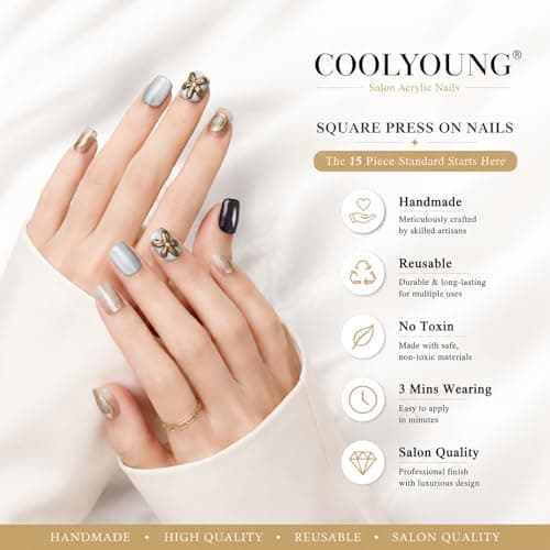 Handmade Press On Nails Cute Flower Nails 3D Blue Press On Nails With Designs Acrylic Nails COOLYOUNG Nails, Size M - Thumbnail 3