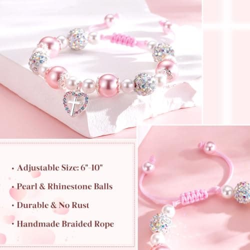 Esrial Graduation Gifts Cross Bracelet Adjustable Pink Pearl Heart Beaded Cross Bracelet Graduation Gifts for Daughter Granddaughter Niece - Thumbnail 5
