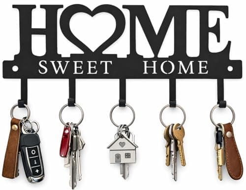 Key Holder Hooks Organizer Hanger Rack Wall Mounted Sweet Home Metal Decor Stylish and Practical for Entryway Front Door Kitchen Hallway Garage Mudroom Office 9.8inches/25cm Hardward Included Black