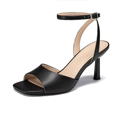 Athlefit High Heels for Women Black Square Open Toe Stiletto Heels Ankle Strap Buckle Dress Prom Kitten Heeled Sandals Size 9.5 - Image 1