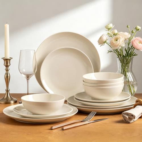 ALOFMO Ceramic Dinnerware Sets for 4,12 Pieces Plates and Bowls Sets, Plates Pasta Bowls Soup Bowls, Modern Stoneware Dishes, Reaction Glaze (White) - Thumbnail 5