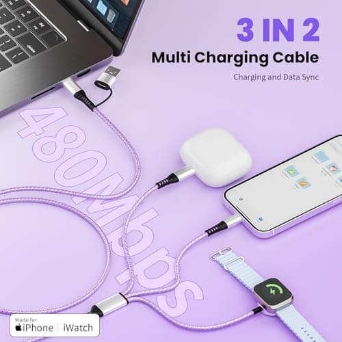 Travel Essentials, 3 in 2 USB A/C Cable to iPhone 17 Charger/iWatch Charger/IP, Braided Multi Charging Cable Cord, RV Camping Essentials, Designed for iWatch Series & iPhone17-11/iPad [Purple, 5FT] - Thumbnail 2