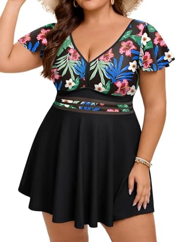 Arolina Modest Swimsuits for Women Tummy Control Bathing Suits Full Coverage Tankini with Shorts Black Flowers - Image 1