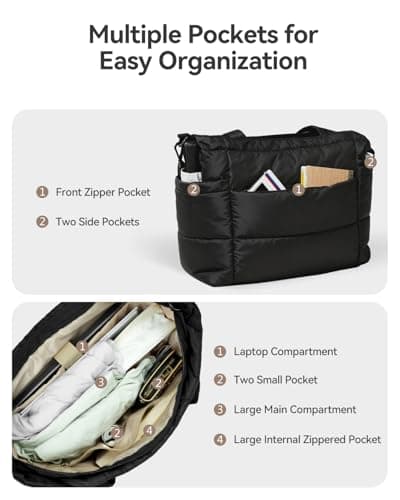 Moyad Puffer Tote Bag for Women, Lightweight Quilted Shoulder Handbag with Zipper, Nurse Bags for Work Teacher Appreciation Gifts Travel Gym Accessories, Black - Thumbnail 5
