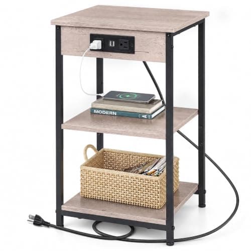 WLIVE End Table with Charging Station, Small Night Stand with Storage Adjustable Shelf, Side Tables for Small Spaces, Bedside Tables for Living Room, Bedroom, Grey - Image 1