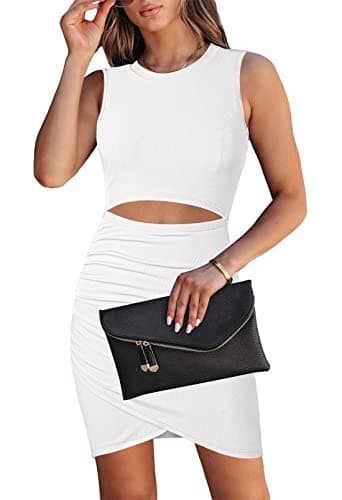 HUUSA Sexy Hollow Out Bodycon Dress Outfit for Women Date Night Sleeveless Crewneck Party Cocktail Club Ribbed Tank Sheath Pencil Mini Short Dresses White L - Image 1