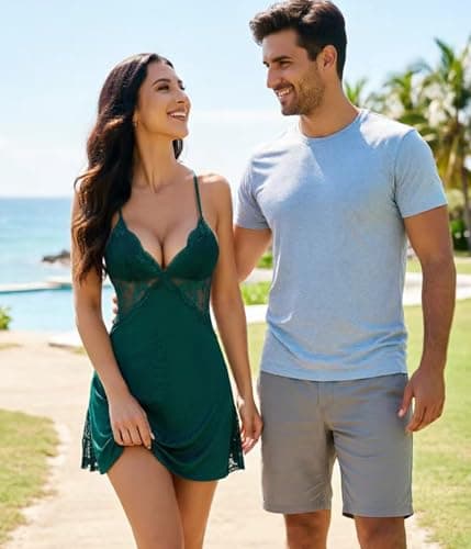 XJG Sexy Night Gowns for Women Babydoll Lingerie Dress Lace Trim Sleep Dress Chemise Nightgowns Side Split Nighty Dark Green - Thumbnail 5