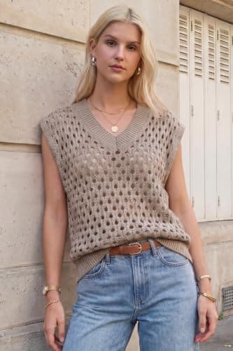 Arach&Cloz Women's Cashmere Wool Blend Knit V-Neck Loose Sleeveless Pullover Crochet Cap Hollow Out Dressy Casual Travel Vacation Beach Cover Up Sweater Vests Top Fall Summer Brown L - Thumbnail 2