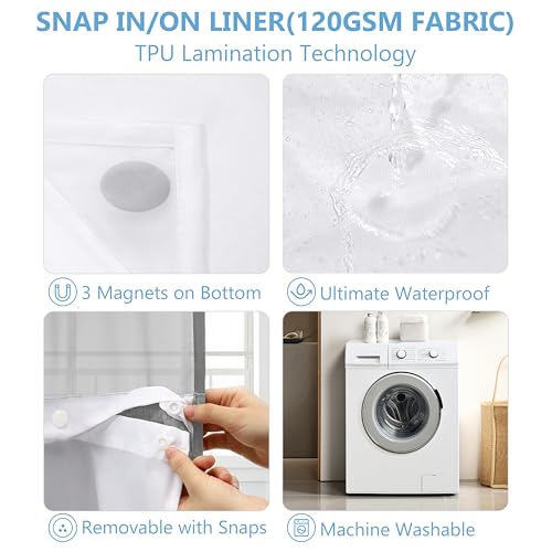 PILOTSHARK No Hook Waffle Weave Shower Curtain Set with Snap-in Fabric Liner and Mesh Top Window,256GSM Heavy Duty Fabric,Dark Grey Washable Luxury Shower Curtain for Bathroom Stalls (72x75 Inch) - Thumbnail 5