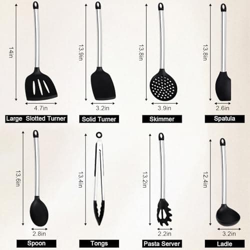 Silicone Cooking Utensils Set, Vayvnt 8 PCS Kitchen Utensils Set with Stainless Steel Handle, Heat Resistant Kitchen Tools for Nonstick Cookware, Large Spatula Spoons Turner, Dishwasher Safe, Black - Thumbnail 2