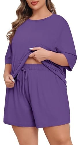 Lastshe Womens Plus Size Pajama Set 2 Piece Soft Short Sleeve with Pockets Shorts Sleepwear Knit Pjs Lounge Set Summer,Purple,1X - Image 1