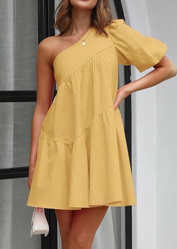 KIRUNDO Summer One Shoulder Mini Baby Doll Dresses Women 2026 Casual Puff Sleeve Loose Tiered A Line Flowy Short Dress(Yellow, XX-Large) - Thumbnail 3