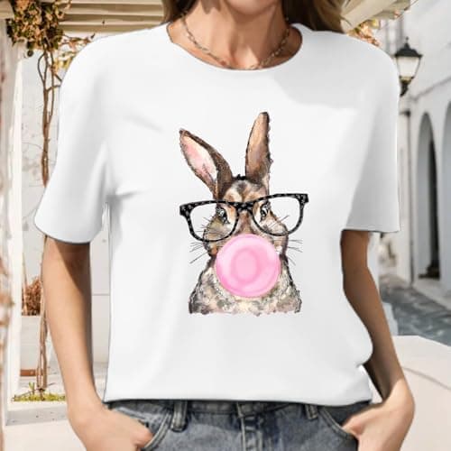 Easter Shirt for Women Funny Cute Bunny Wearing Glasses Leopard Tshirt Happy Easter Rabbit Lover Shirt Holiday Tee Top - Thumbnail 2