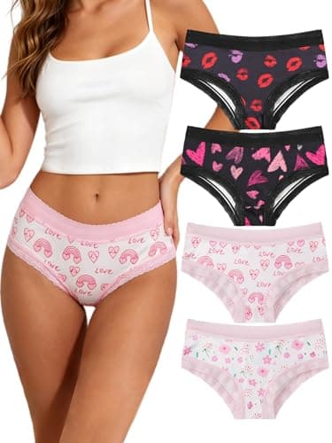 Dircho Women's Lace Low Rise Hipster Panties, 4 Pack Cute Heart Lip Floral Printed Valentine's Day Underwear for Women - Image 1