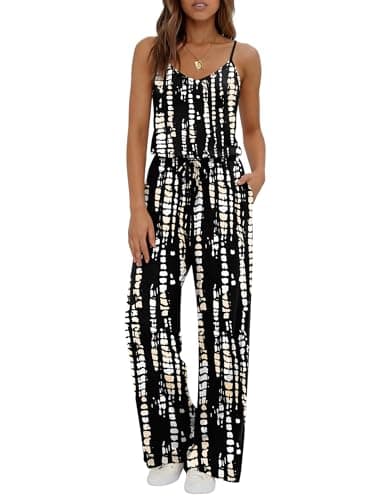 Ekouaer Womens Summer Jumpsuits Dressy Sleeveless Wide Leg Long Pants Rompers Casual One Piece Outfits with Pockets Black White Tie Dye L - Image 1