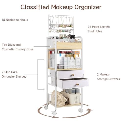 YGJT Makeup Organizer, Floor Skincare Cosmetics Organizer with Drawers, Jewelry Organizers and Storage for Earring Necklace, Vanity Organizer for Skin Care Perfume Makeup Brush Nail Polish Hair Tool - Thumbnail 4