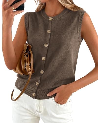 BTFBM Sweater Vest Women Casual Crewneck Loose Button Down Knit Sleeveless Cardigan 2026 Spring Clothes Summer Vest Tops(Grey Brown, Small) - Image 1