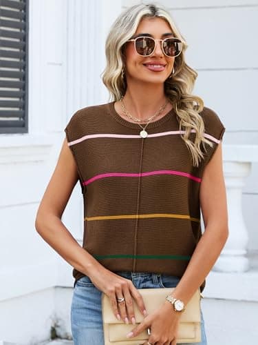 Bellcoco Womens Cap Sleeve Summer Tops Striped Sweater Vest Lightweight Casual Crewneck Loose Knit Pullover Tank Top Beach Vacation Outfits Coffee XL - Thumbnail 6
