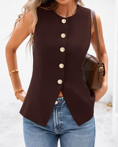 BTFBM Summer Sleeveless Blazer Vest For Women Dressy Button Down Round Neck Business Casual Outfits Work Suit Vests Tops(Brown, XX-Large) - Thumbnail 5