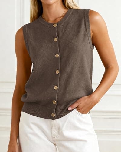 BTFBM Sweater Vest Women Casual Crewneck Loose Button Down Knit Sleeveless Cardigan 2026 Spring Clothes Summer Vest Tops(Grey Brown, Small) - Thumbnail 2