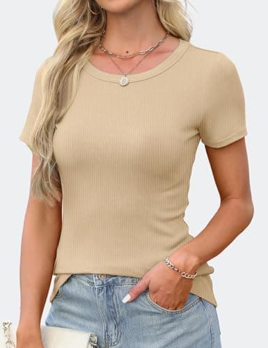 GKBK Ribbed Short Sleeve Tops for Women Crew Neck Fitted Tight Shirts Layering Top Basic Tee Tshirts Cute Summer Tops Casual Spring Clothes Outfits 2026 Trendy Beige - Thumbnail 3
