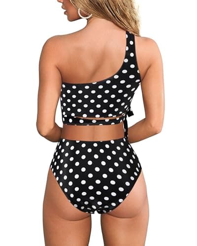 MOOSLOVER Women One Shoulder High Waisted Bikini Tie High Cut Two Piece Swimsuits(M,Black White Polka Dot) - Thumbnail 2